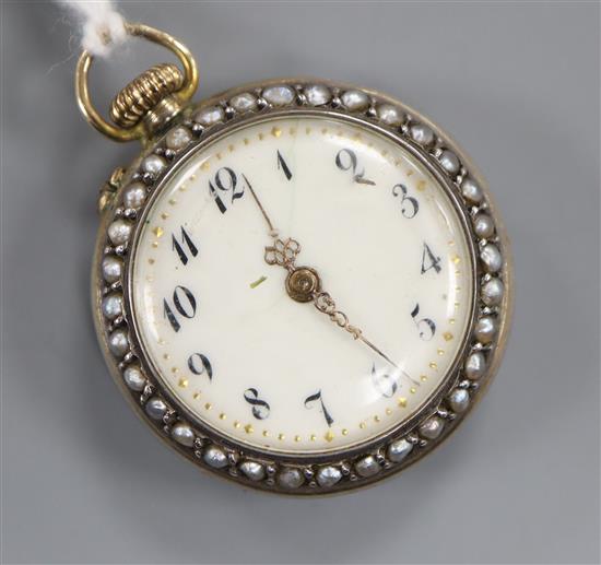 A Swiss 935 white metal blue enamel and seed pearl set fob watch,